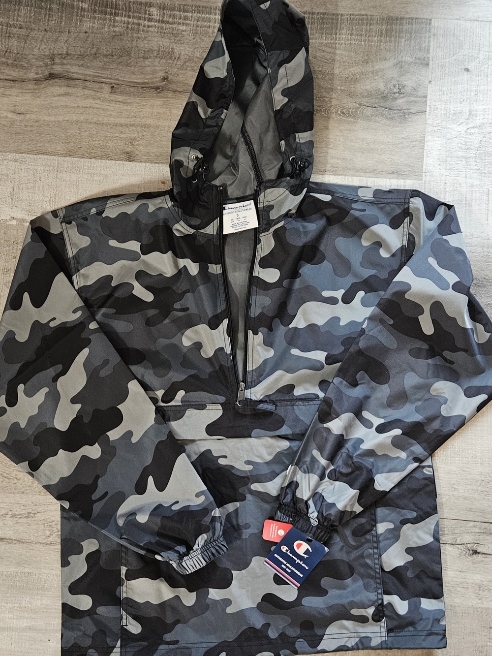 Champion Hooded Pullover Jacket - Grey Black Camo BNWT Unisex Small